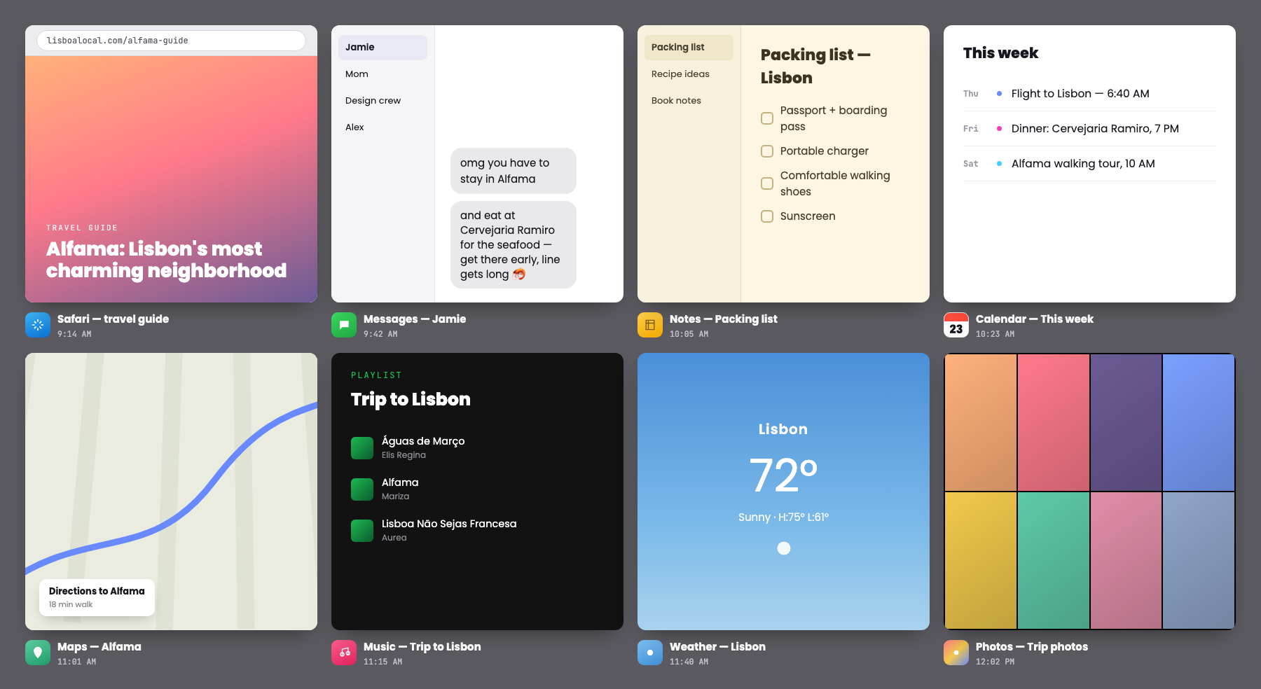 ReMynd search results: a grid of captured moments — Safari, Messages, Notes, Calendar, Maps, Music, Weather, and Photos — each with a timestamp